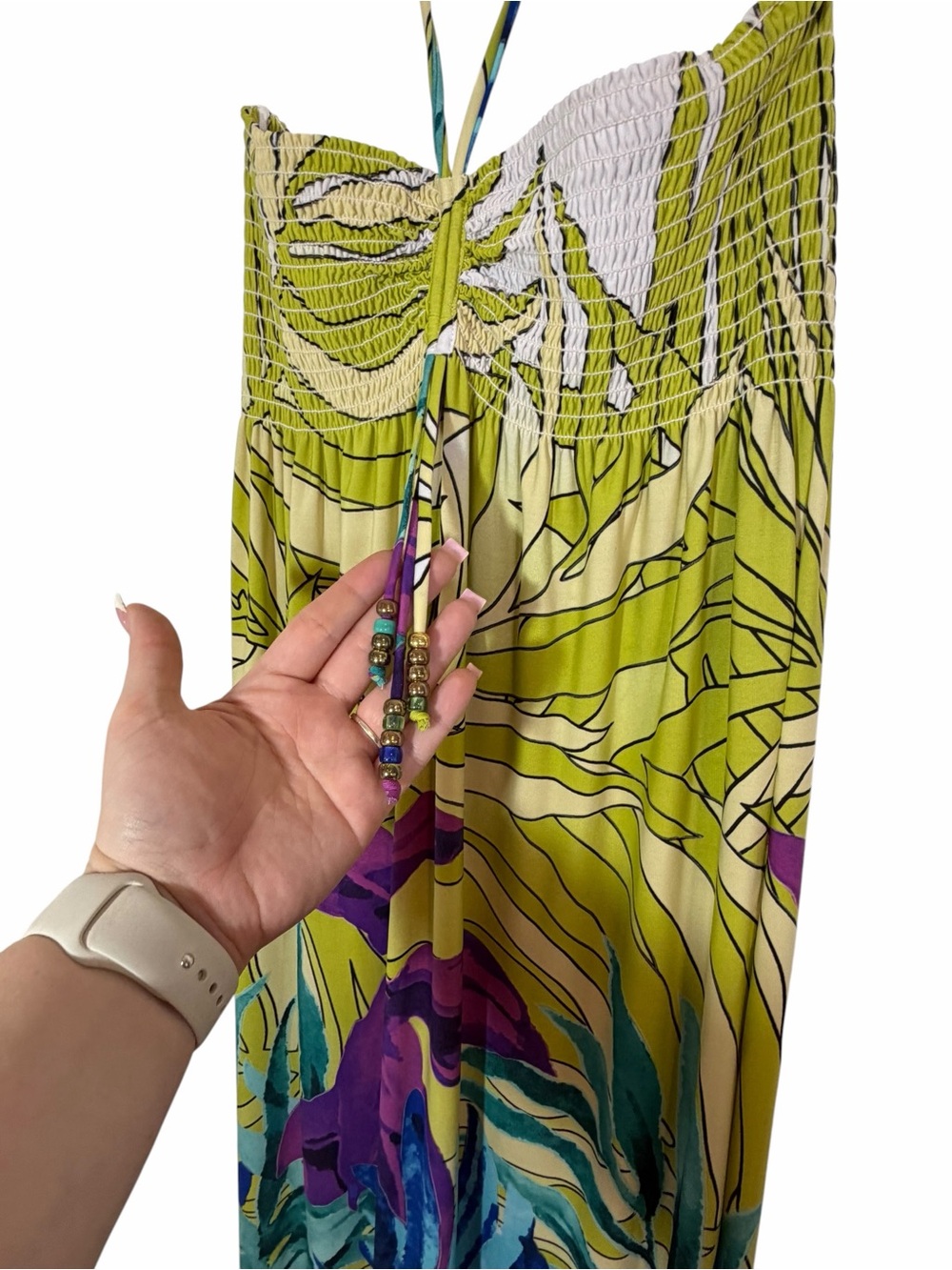 Vintage Cache Tropical Halter Maxi Dress Beaded Y2K USA XL Vacation Resort - Picture 5 of 10